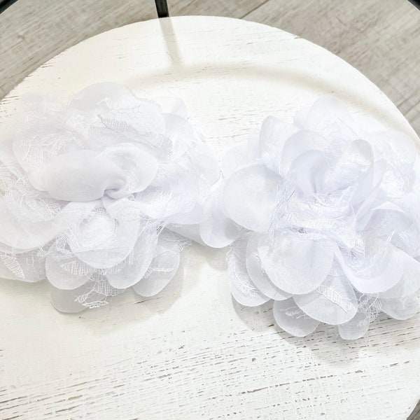 4 Inch White Fabric Flowers, Large White Fabric Flower, Lace Fabric Flowers, Large Lace Fabric Flowers for Headband or Hairbow Crafts