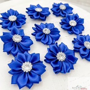 ROYAL BLUE Ribbon Flower With crystal center Satin flower Fabric rose Rolled Rosette Wholesale Flower Fabric Flower Satin - 1 FLOWER -