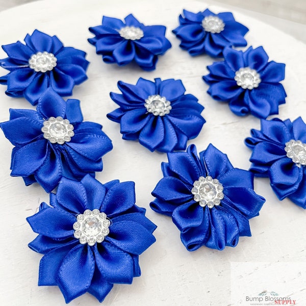 ROYAL BLUE Ribbon Flower With crystal center, Satin flower, Fabric rose, Rolled Rosette, Wholesale Flower, Fabric Flower, Satin