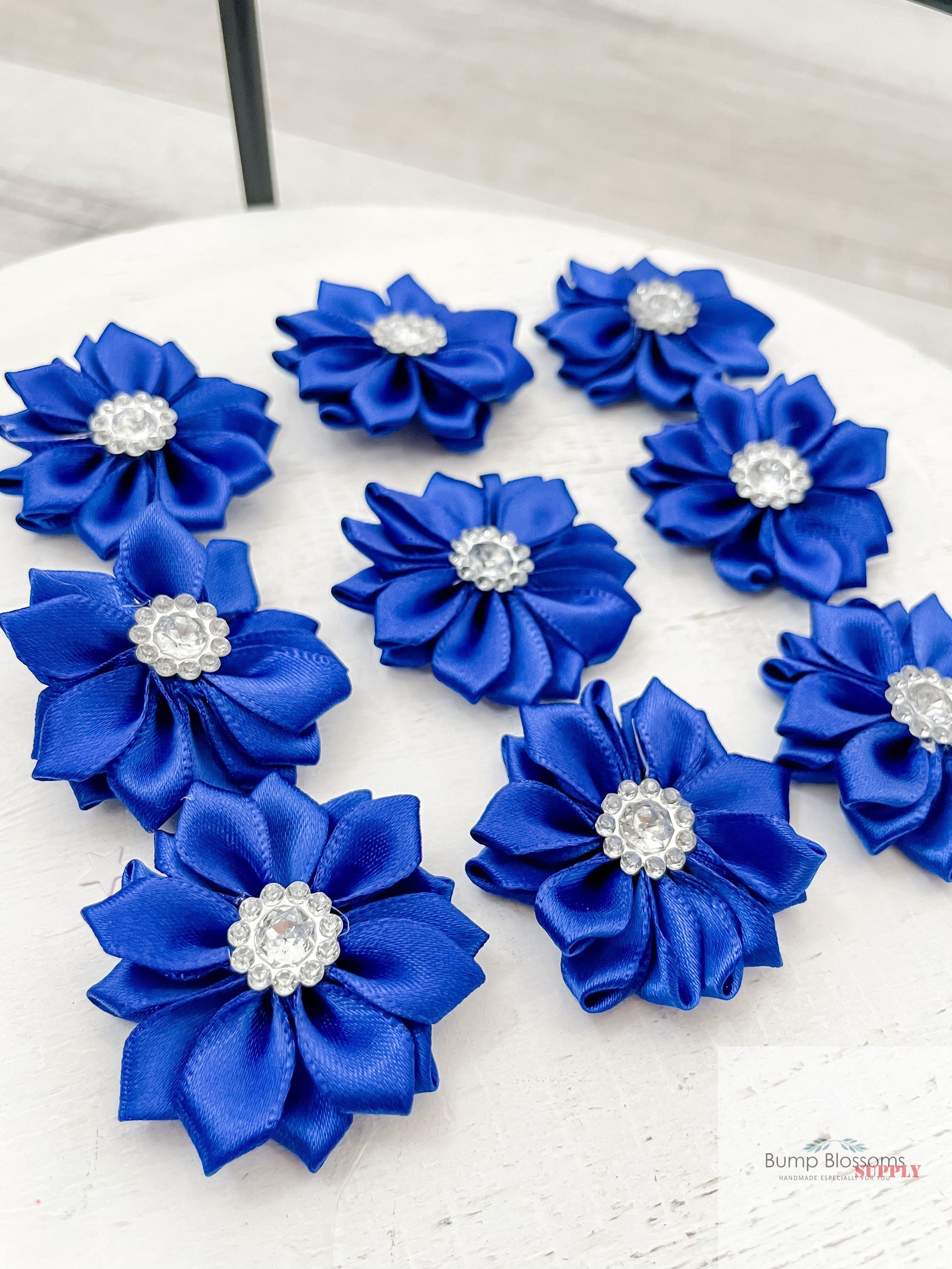 ROYAL BLUE Ribbon Flower With Crystal Center Satin Flower Etsy