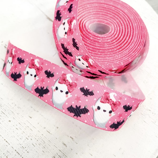 Pink Ghost a Boo is DUE baby Shower Halloween Ribbon, Pink Ghost Hair Bow Ribbon For Crafting, Pink Ghost Ribbon - 1 YARD