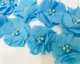 Blue Chiffon Flower Wholesale Blue Flower Fabric Flower Wedding Flower Blue Chiffon Flower with Pearls for Headband - 1 FLOWER -
