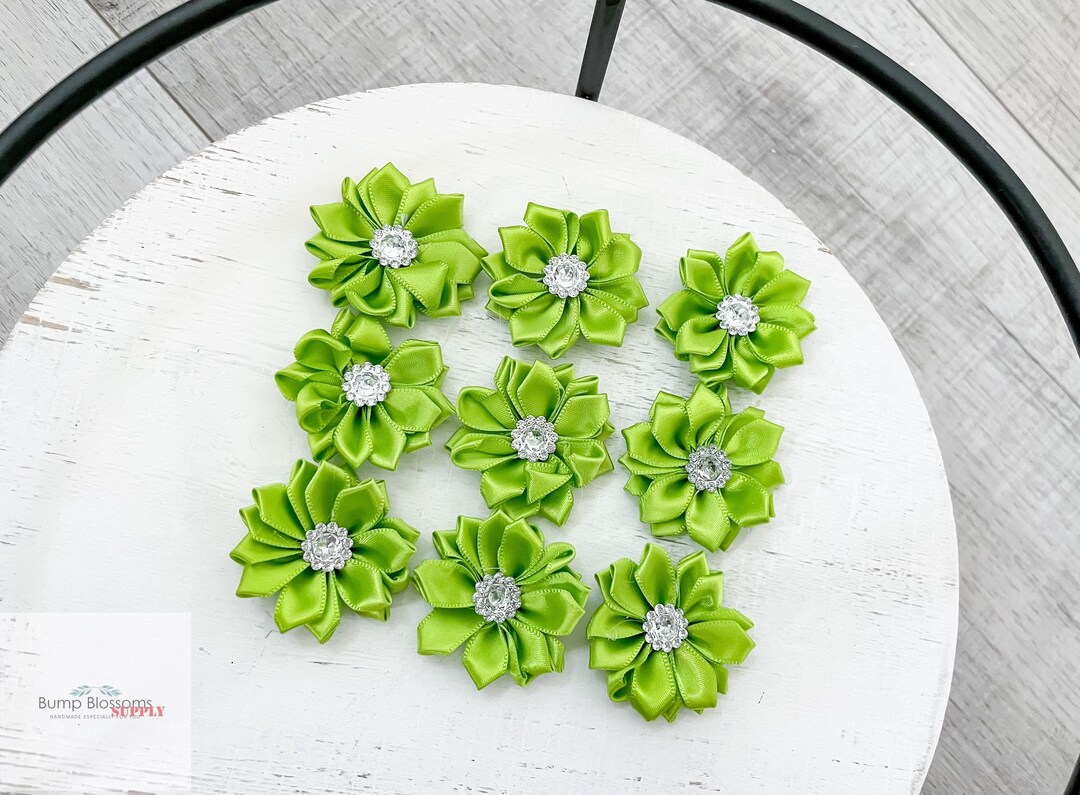 Green Ribbon Flower With Crystal Center, Satin Flower, Fabric Rose, Rolled Rosette, Wholesale