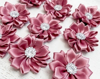 Satin Ribbon Flower With Crystal - Small 1.5