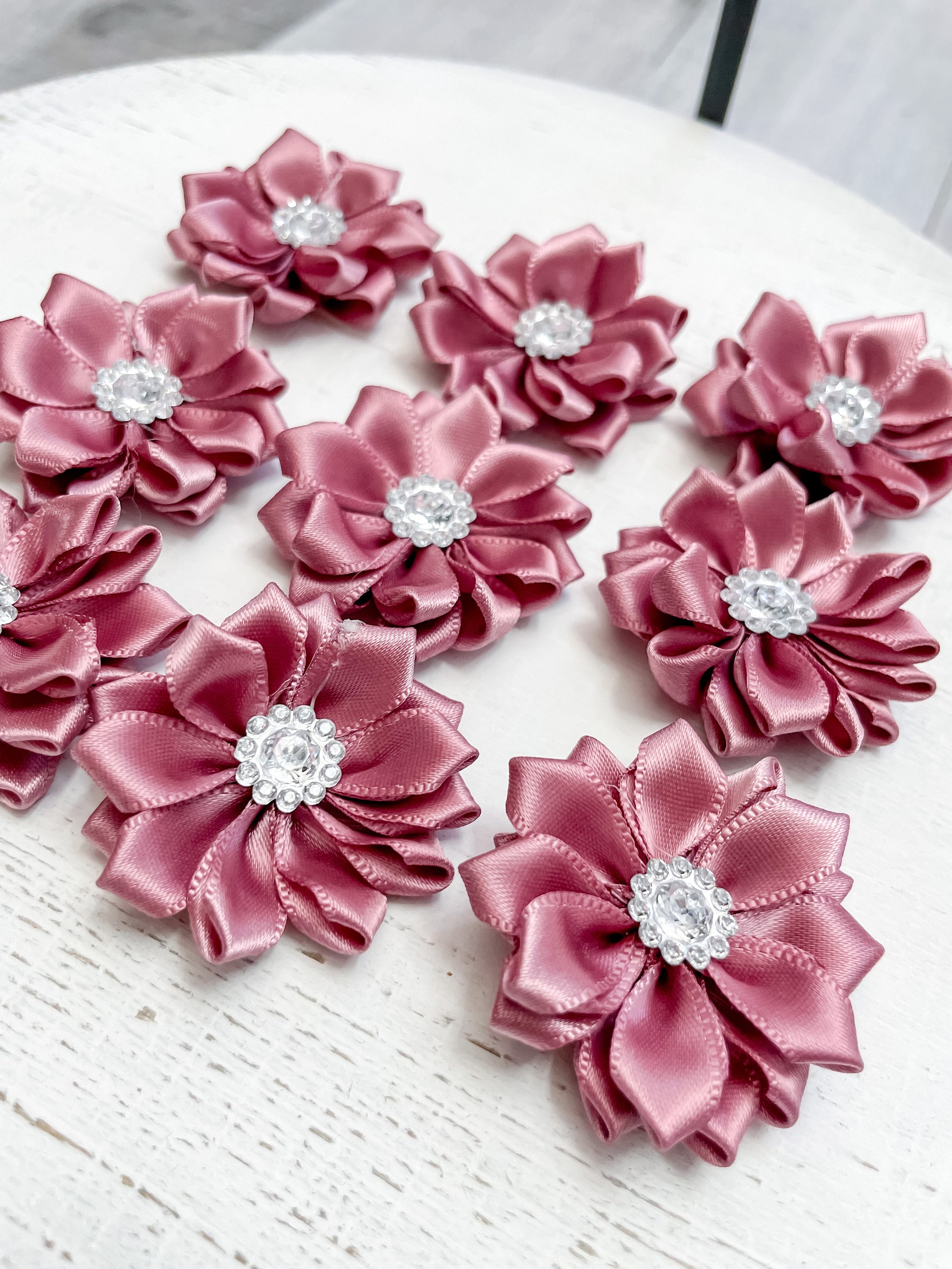 Snadulor Artificial Flowers Heads Bulk 20 Pcs Ribbon Flowers,Satin Ribbon  Flowers Bows Rhinestones Party Wedding Supply Home Decor DIY Craft Hairpin