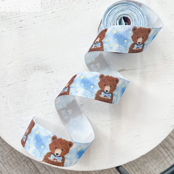 Blue Teddy Bear Ribbon, Teddy Bear Its a Boy Grosgrain Ribbon, Blue Bear Ribbon, Boy Teddy Bear Printed Grosgrain, Bear Ribbon 7/8" (22mm)