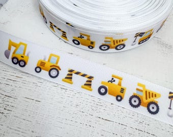Construction Trucks Ribbon – 1 Inch Grosgrain Ribbon with Diggers, Dump Trucks & Bulldozers | Yellow Construction Party Supply - 1 YARD -