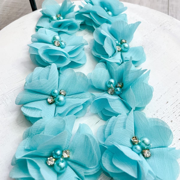 Chiffon Flower , Wholesale Flower, Fabric Flower, Headband Flower, Wedding Flower, Flower, Aqua Chiffon Flower with Pearls for Headband Teal