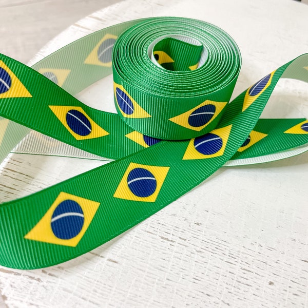 Brazil Flag Ribbon, Brasil Flag Ribbon, Green and Yellow Brazilian Ribbon for Hair bow Making, 7/8" (22mm) Grosgrain