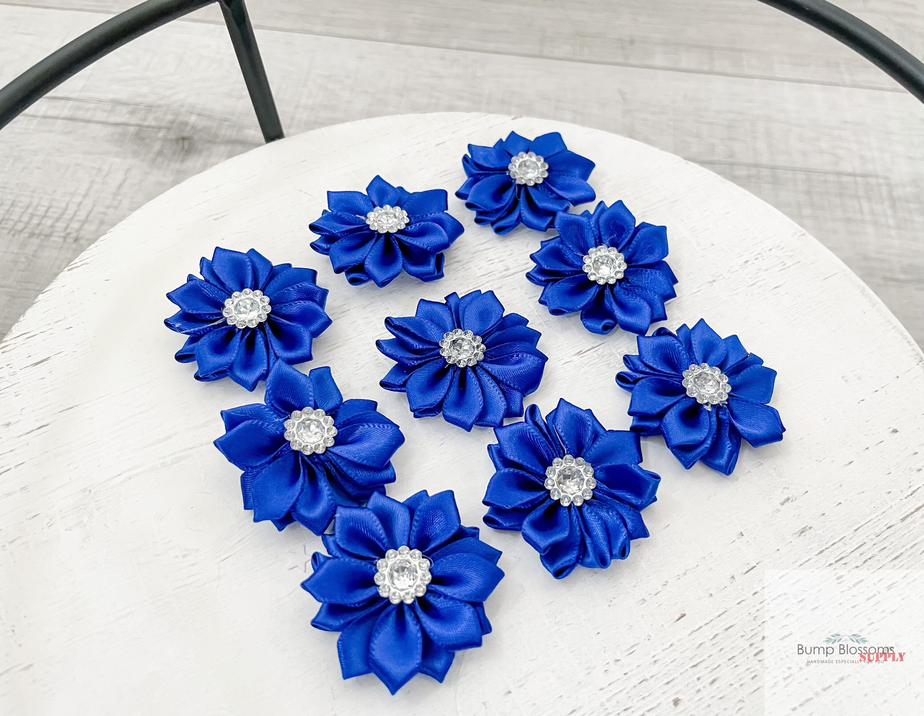 ROYAL BLUE Ribbon Flower With Crystal Center Satin Flower Fabric