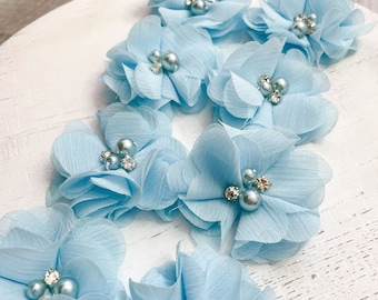 Chiffon Flower Wholesale Flower Fabric Flower Headband Flower Wedding Flower Light blue Chiffon Flower with Pearls for Headband - 1 FLOWER -