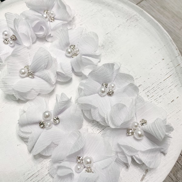 White Chiffon Flower ,Wholesale White Flower, Fabric Flower, Wedding Flower, White Chiffon Flower with Pearls for Headband, White Flower