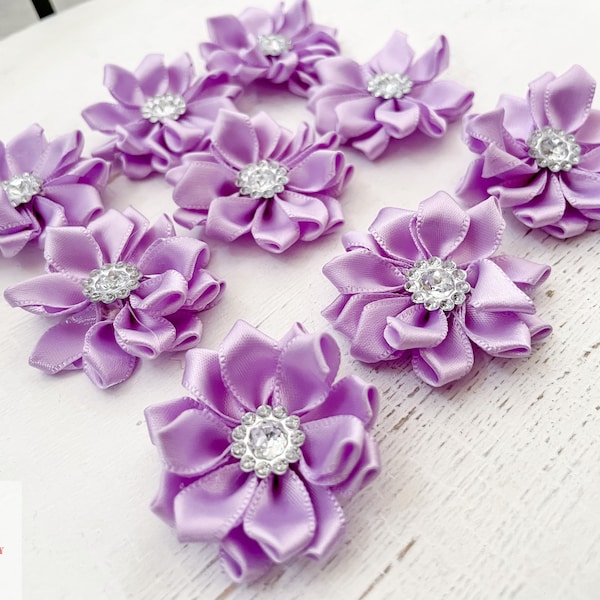 Lavender Purple Ribbon Flower With crystal center, Satin flower, Fabric rose, Rolled Rosette, Wholesale Flower, Fabric Flower, Light Purple