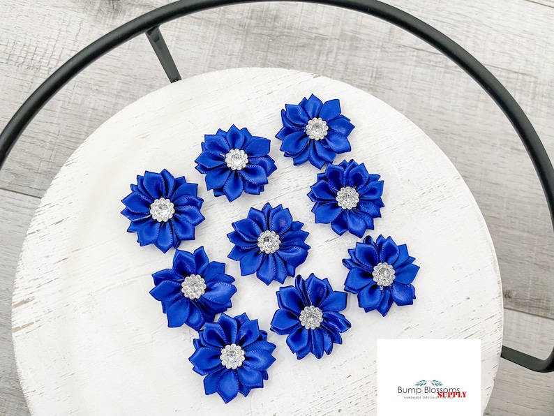 ROYAL BLUE Ribbon Flower With Crystal Center Satin Flower - Etsy