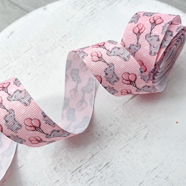 Pink Elephant holding Balloon, Baby Shower Hair Bow Ribbon, Elephant Diaper Cake Ribbon, Ribbon for Baby Shower, Pink Elephant Mom Ribbon