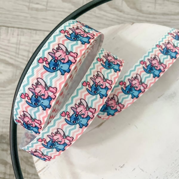 Stitch and Angel 1 Inch Ribbon, Stich Ribbon, Angel Ribbon, Lilo and Stitch Ribbon Decor, Blue and Pink Angel and Stich Ribbon