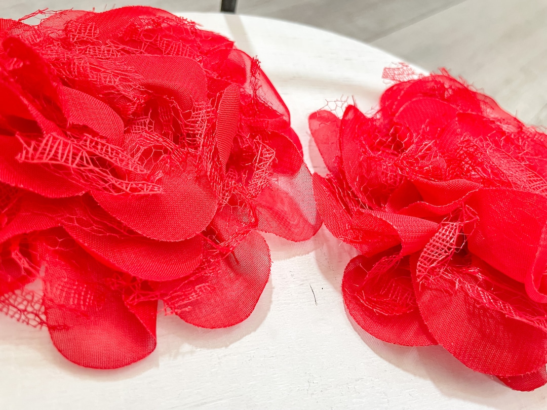 4 Inch Red Fabric Flowers, Large Red Fabric Flower, Lace Fabric Flowers