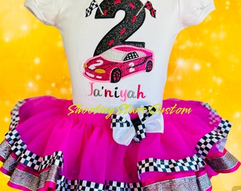 Pink Race Car Outfit -Racing Birthday Tutu Outfit - HotWheels Racing Outfit - Hot Pink Racing Car- Nascar Racing Tutu -Hot Pink Tutu Set -
