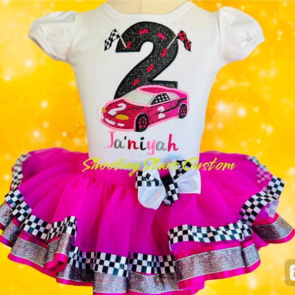 Pink Race Car Outfit -Racing Birthday Tutu Outfit - HotWheels Racing Outfit - Hot Pink Racing Car- Nascar Racing Tutu -Hot Pink Tutu Set -