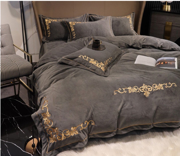 4 Pieces Luxury Velvet Bedding Set Embroidered Bedding Set Etsy