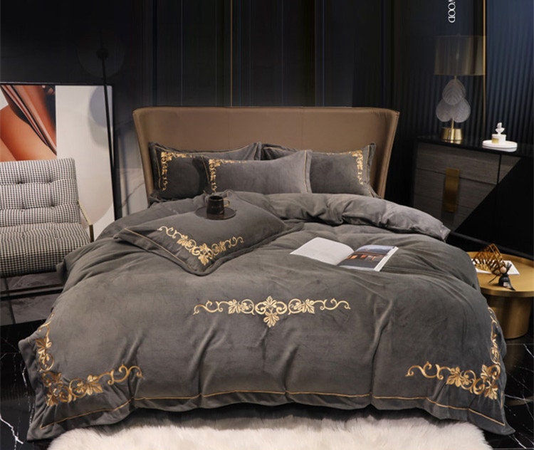 4 Pieces Luxury Velvet Bedding Set Embroidered Bedding Set Etsy