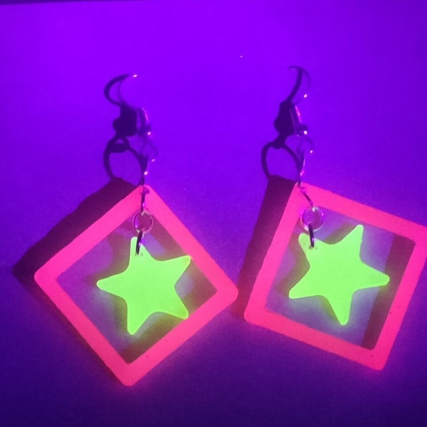 Hot pink fuscia/neon yellow earrings glow in the dark funky 80s 90s