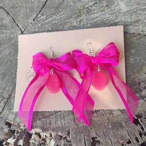 pink fuscia bow teardrop earrings