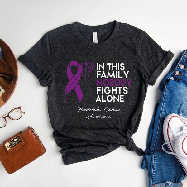 Pancreatic Cancer Awareness Shirt, Cancer Warrior Shirt, Awareness Shirt, In This Family Nobody Fights Alone, Purple Ribbon, Awareness Shirt