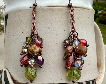 Boho Czech Glass Antique Copper Dangle Earrings