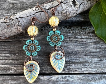 Floral Czech Glass Beaded Wildflower Leaf Wire Wrapped Boho Dangle Earrings