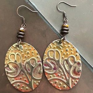 Handcrafted Floral Antique Brass Embossed Metal Painted Dangle Drop Earrings