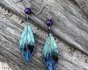 Hand Painted Iridescent Shimmering Leaf Earrings