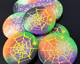 Glow In the Dark Reversible Double Sided Spider Web Halloween Resin Glitter Coasters