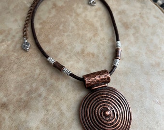 Copper Spiral Boho Pendant Leather Choker Necklace