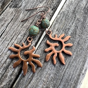 Antique Copper Sun Czech Glass Dangle Earrings image 1