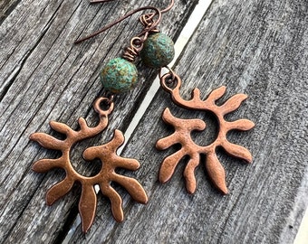 Antique Copper Sun Czech Glass Dangle Earrings