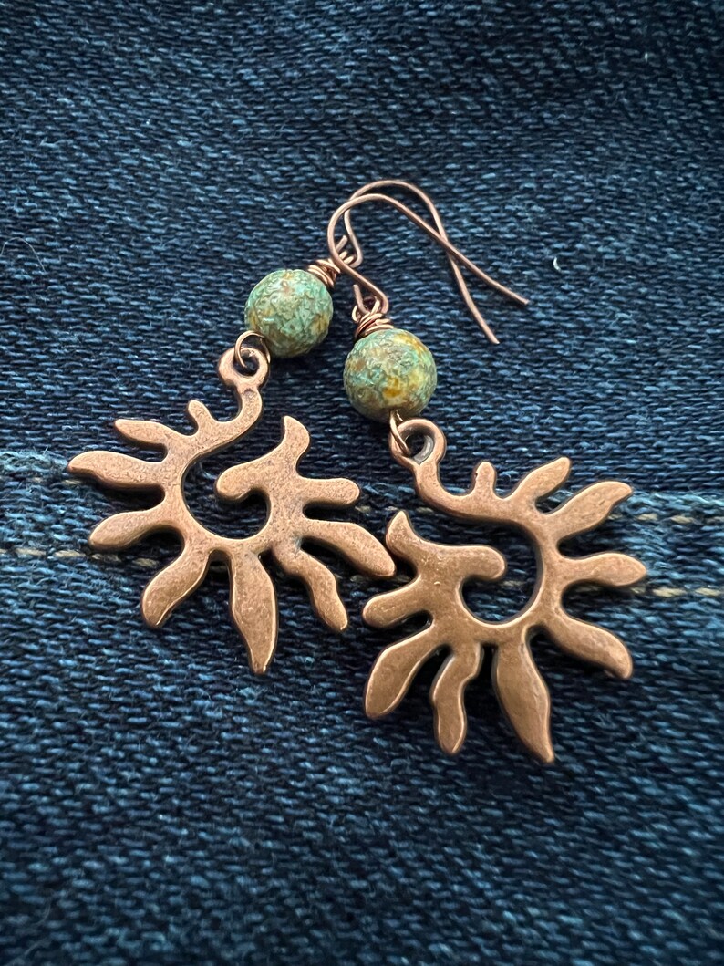 Antique Copper Sun Czech Glass Dangle Earrings image 3