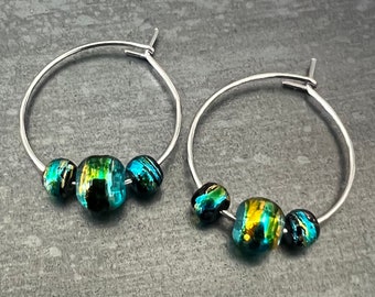 Elegant Stainless Steel Silver Wire Hoop Painted Glass Bead Earrings Small