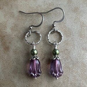 Czech Glass & Antique Silver Tulip Floral Earrings image 2