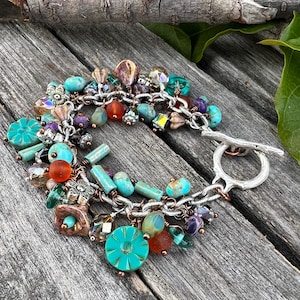 Antique Silver Botanical Floral Czech Glass Boho Dangle Bracelet