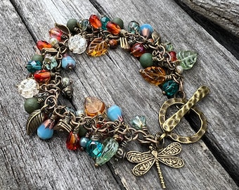 Antique Bronze Botanical Floral Czech Glass Dangle Dragonfly Bracelet