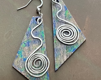 Whimsical Hand Painted Distressed Wood And Wire Dangle Drop Earrings