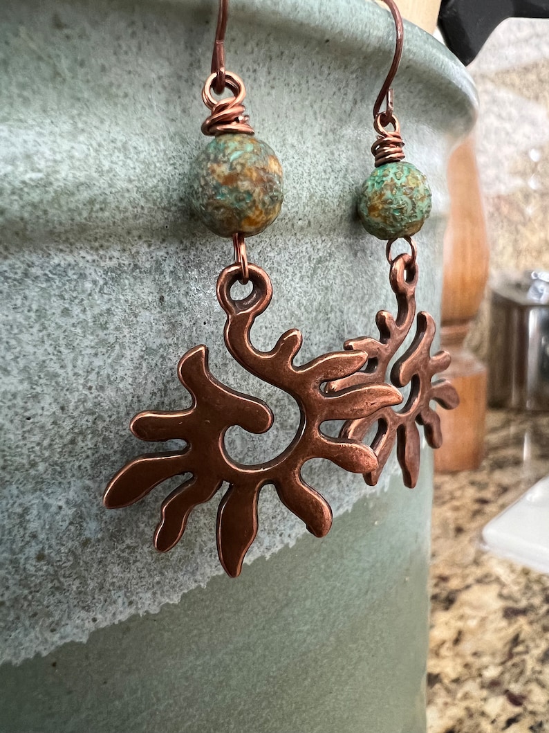 Antique Copper Sun Czech Glass Dangle Earrings image 5