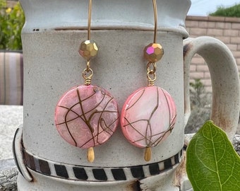 Elegant Pink & Gold Painted Shell Glass Bead Dangle Drop Earrings