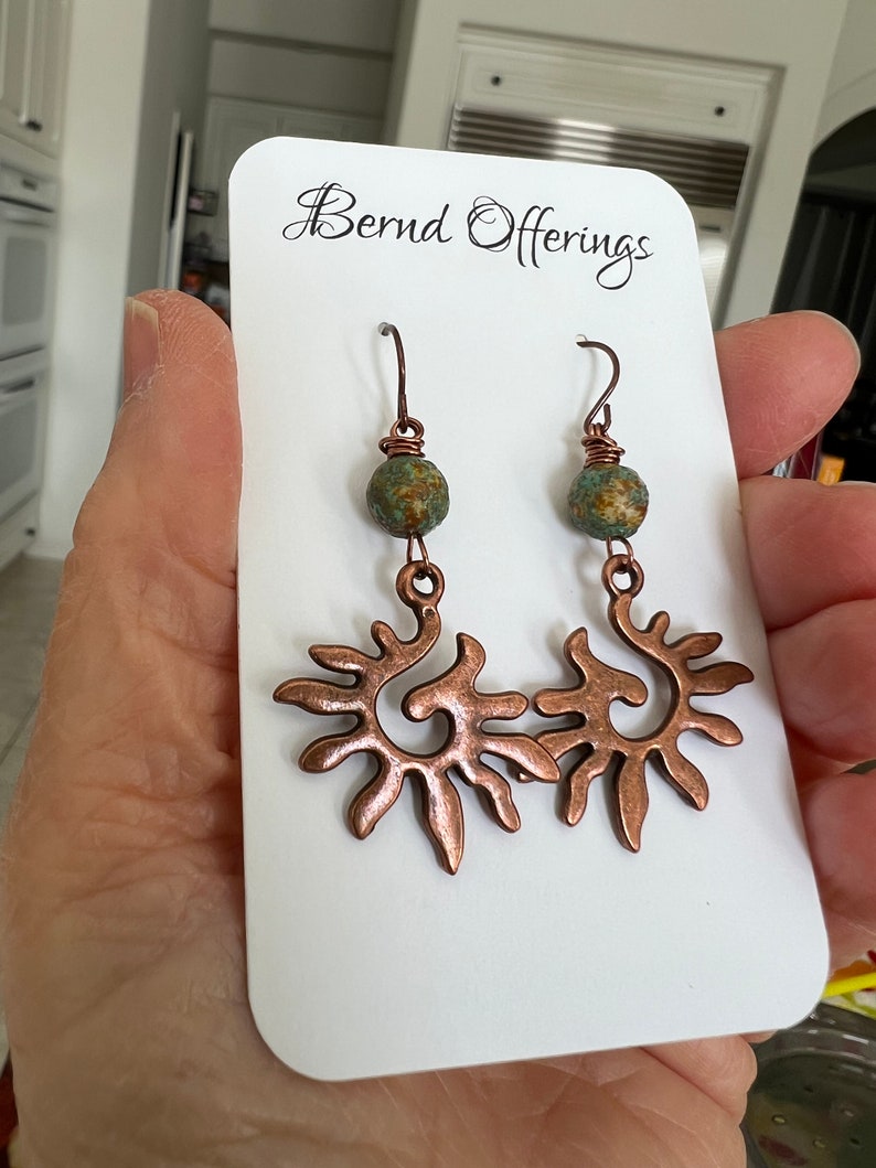 Antique Copper Sun Czech Glass Dangle Earrings image 4