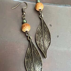 Boho Metal and Wood Leaf Earrings