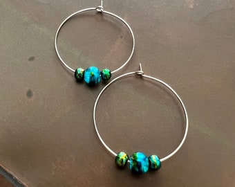 Elegant Painted Glass Bead Silver Plated Wire Hoop Earrings