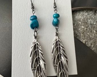 Boho Southwestern Turquoise Leaf Dangle Earrings