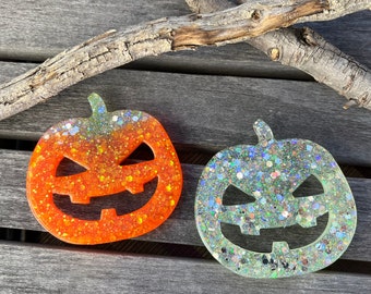 Glow In The Dark Pumpkin Magnet Glitter Resin Orange Silver Halloween