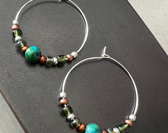 Beautiful Boho Southwest Silver Plated Hoop Glass Bead Earrings